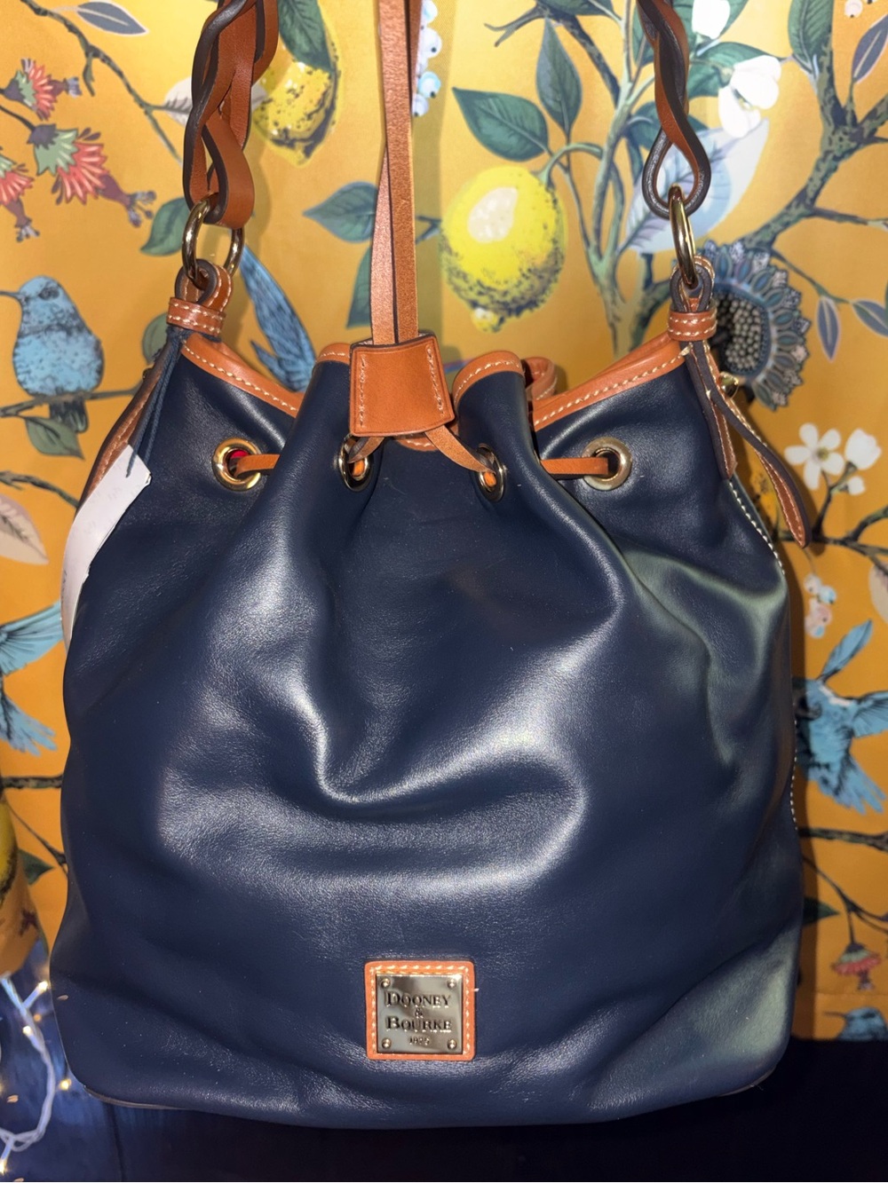 New Dooney And Bourke Wexford Smooth Leather Midnight Blue Tasha Drawstring Bag